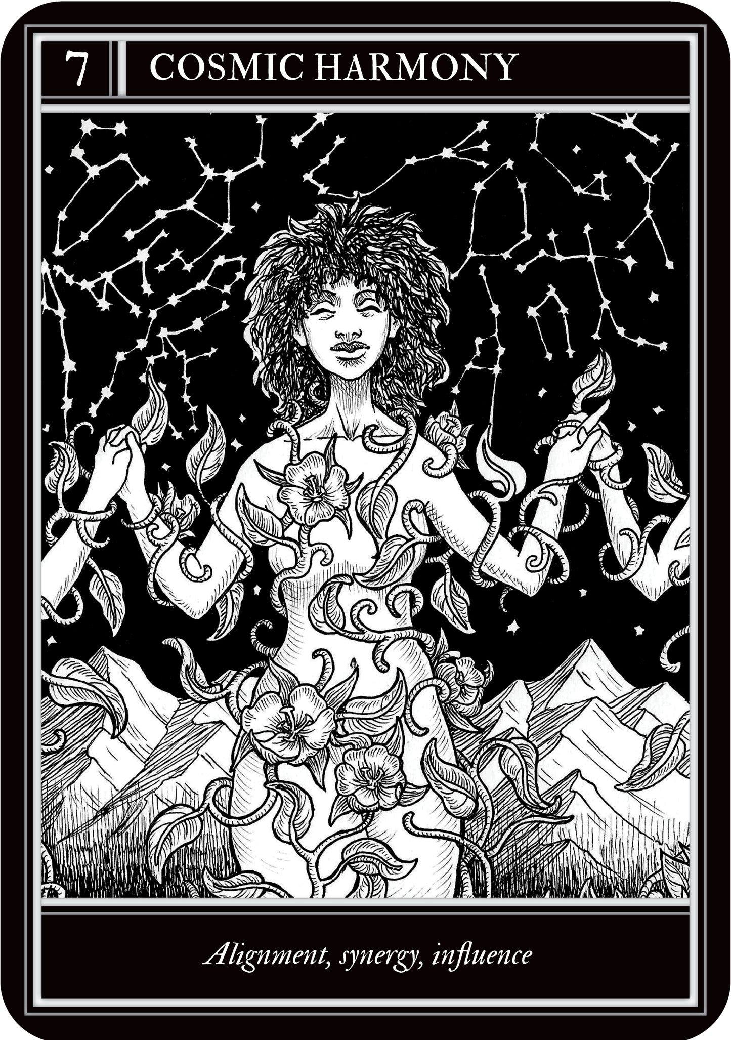 Tarot card titled 'Cosmic Harmony' with a stylized illustration of a person surrounded by constellations.