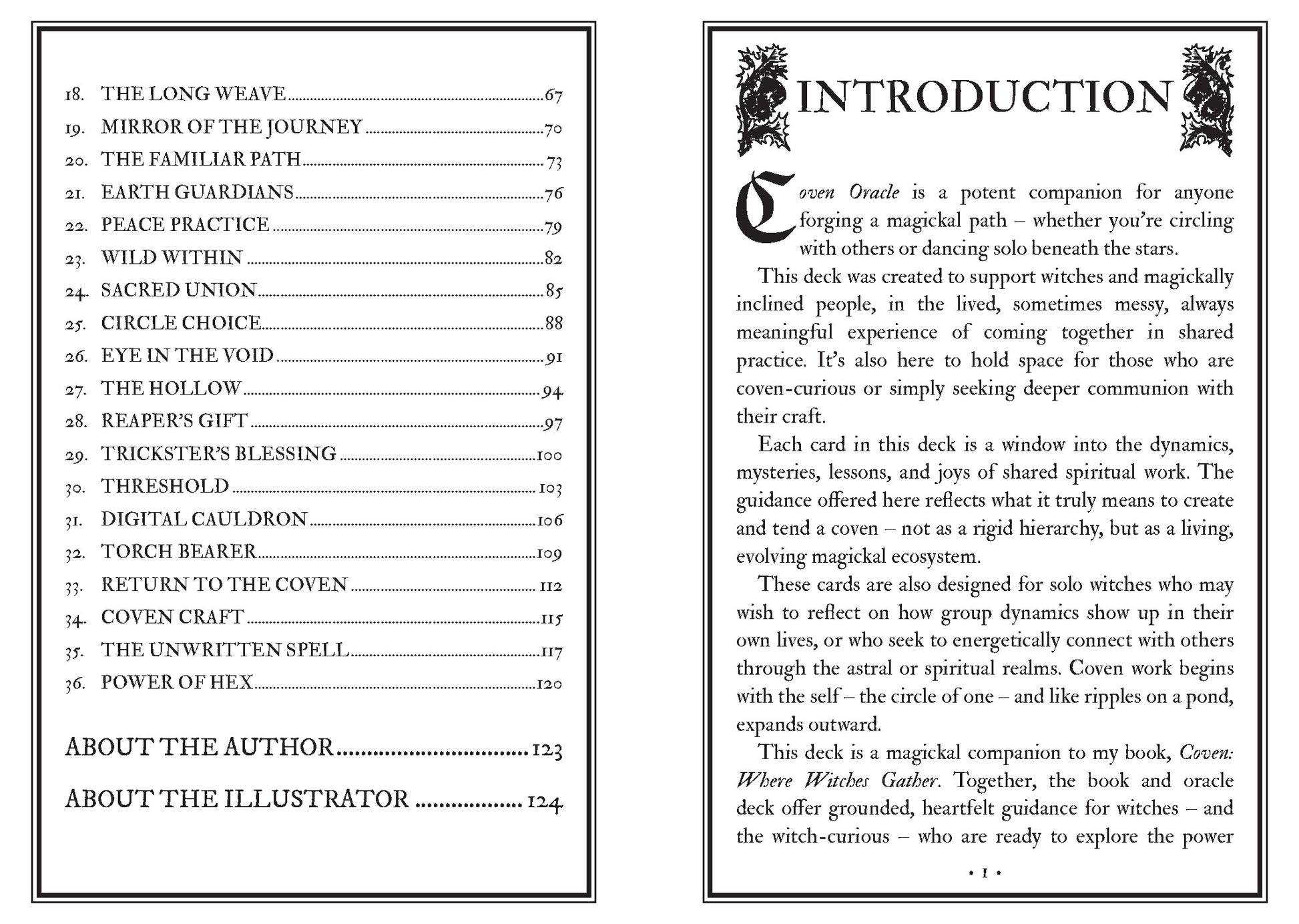 Spreads of a book or deck with text and decorative elements on a white background