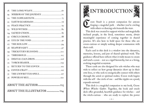 Spreads of a book or deck with text and decorative elements on a white background
