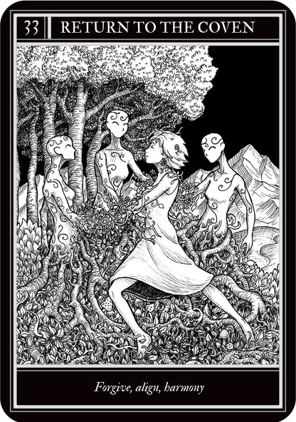 Tarot card with a black and white illustration of a woman surrounded by other figures in a forest setting, with text 'Return to the Coven' at the top.