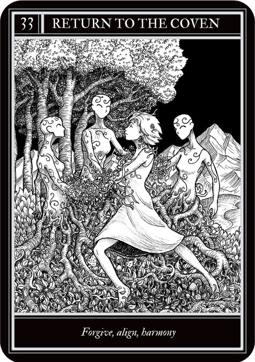 Tarot card with a black and white illustration of a woman surrounded by other figures in a forest setting, with text 'Return to the Coven' at the top.