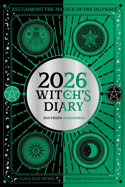 Cover of '2026 Witch's Diary' Southern Hemisphere with green and black design elements.