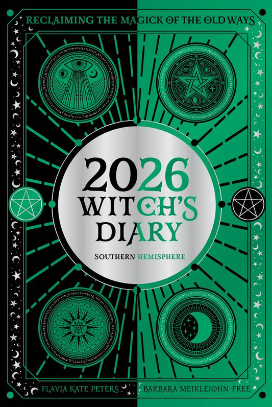 Cover of '2026 Witch's Diary' Southern Hemisphere with green and black design elements.