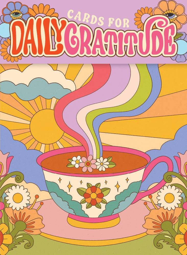Cover of 'Cards for Daily Gratitude' with a colorful design featuring a steaming cup of tea, flowers, and abstract shapes.