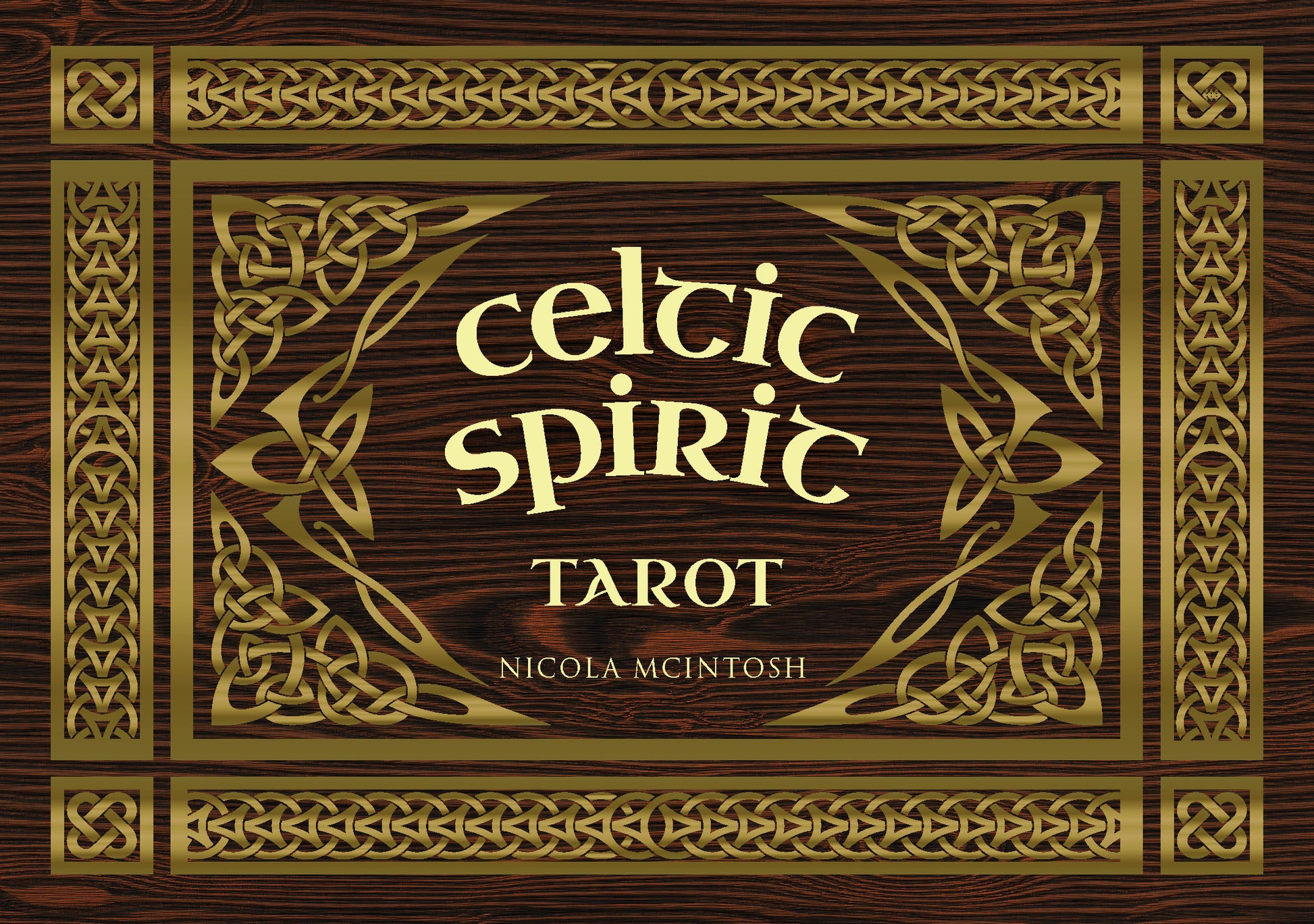 Cover of 'Celtic Spirit Tarot' by Nicola McIntosh with decorative patterns on a wooden background.