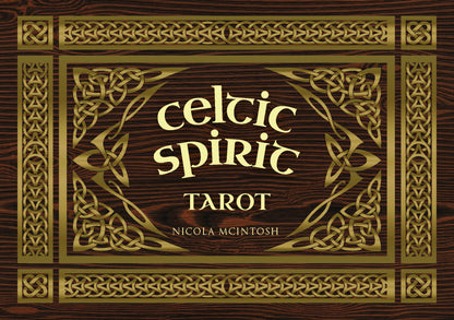 Cover of 'Celtic Spirit Tarot' by Nicola McIntosh with decorative patterns on a wooden background.