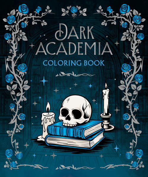Cover of 'Dark Academia' coloring book with skull, books, and candles on a dark background.