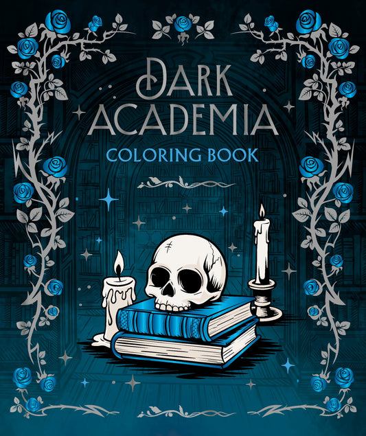 Cover of 'Dark Academia' coloring book with skull, books, and candles on a dark background.