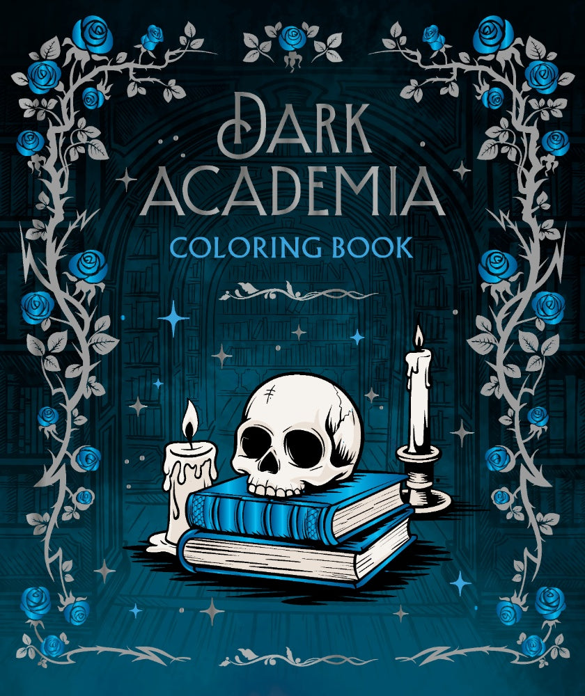 Cover of 'Dark Academia' coloring book with skull, books, and candles on a dark background.