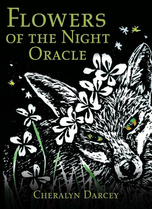 Cover of 'Flowers of the Night Oracle' by Cheralyn Darcey with a fox and flowers on a dark background