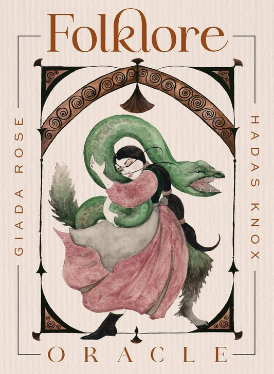 Cover of 'Folklore Oracle' with a stylized illustration of a woman holding a snake, designed in an ornate frame.