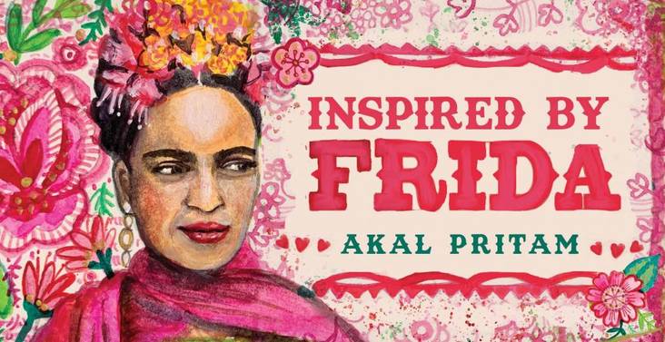 Cover of 'Inspired by Frida' inspiration card by Akal Pritam with a colorful design featuring flowers and patterns.