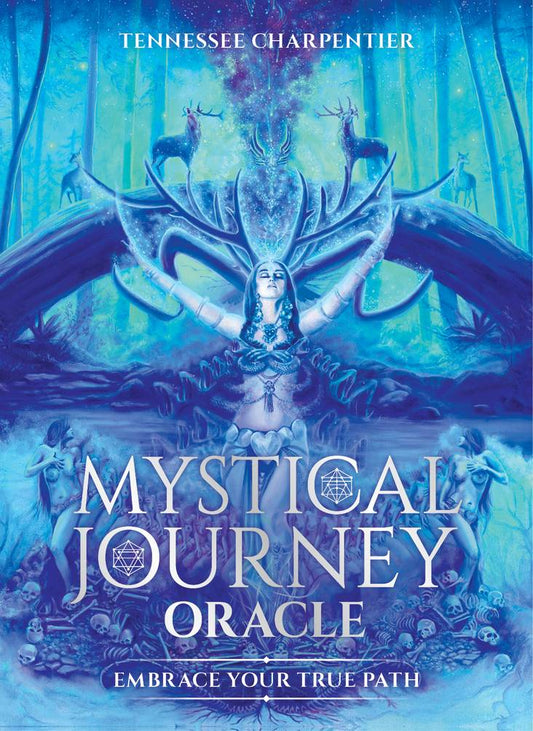Cover of 'Mystical Journey Oracle' by Tennessee Charpentier with a blue and purple color scheme and a central figure.
