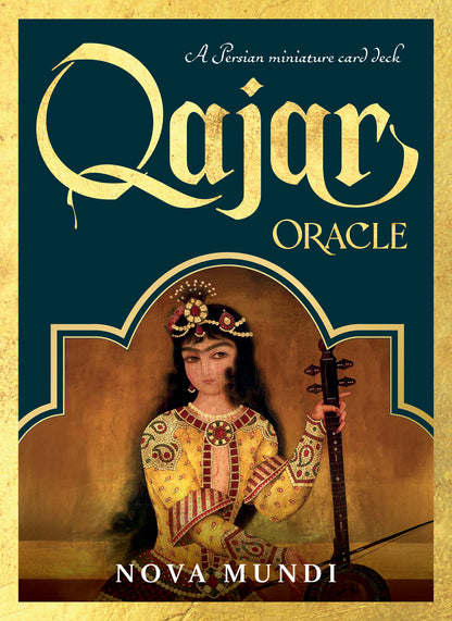 Cover of 'Qajar Oracle' card deck with a Persian miniature style illustration of a woman holding a musical instrument.