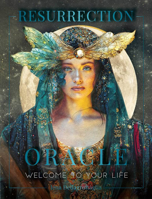 Cover of 'Resurrection Oracle' by Jena Dellagrottaglia with a woman in a mystical costume against a moonlit sky.