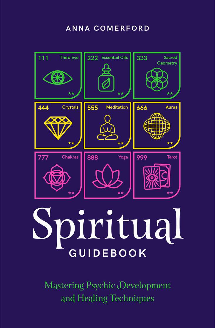 Cover of 'Spiritual Guidebook' by Anna Comerford with icons and numbers on a purple background