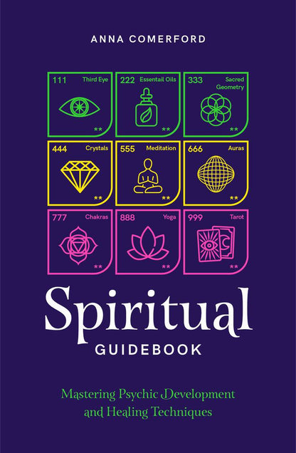Cover of 'Spiritual Guidebook' by Anna Comerford with icons and numbers on a purple background