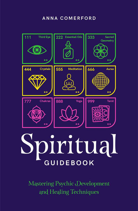 Cover of 'Spiritual Guidebook' by Anna Comerford with icons and numbers on a purple background