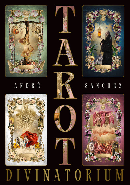 Cover of 'Tarot Divinatorium' by Andre Sanchez with four tarot card illustrations on a black background.