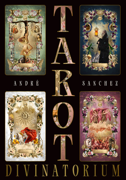 Cover of 'Tarot Divinatorium' by Andre Sanchez with four tarot card illustrations on a black background.