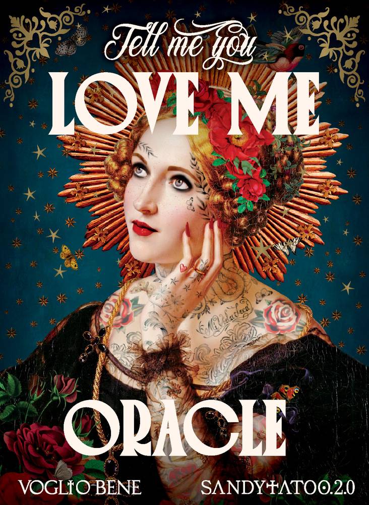 Cover of 'Tell Me You Love Me Oracle' with a stylized woman's face and decorative elements.