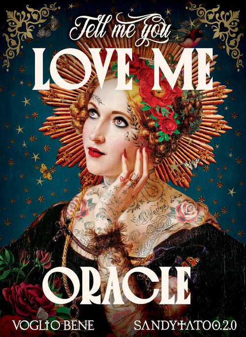 Cover of 'Tell Me You Love Me Oracle' with a stylized woman's face and decorative elements.