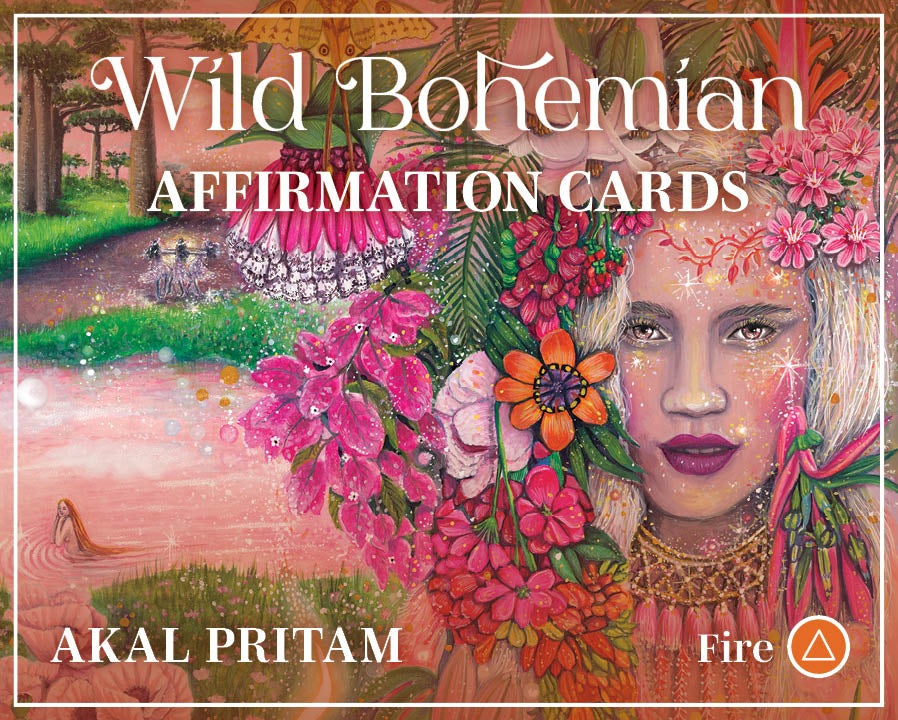 Cover of 'Wild Bohemian Affirmation Cards' by Akal Pritam with a colorful illustration of a woman surrounded by flowers and nature.