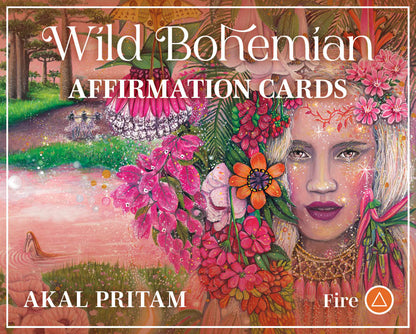 Cover of 'Wild Bohemian Affirmation Cards' by Akal Pritam with a colorful illustration of a woman surrounded by flowers and nature.