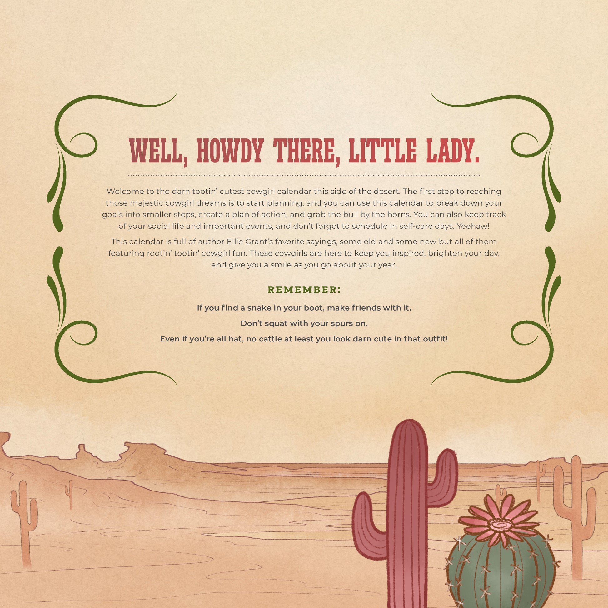Cowgirl-themed calendar page with text and cactus illustrations on a beige background