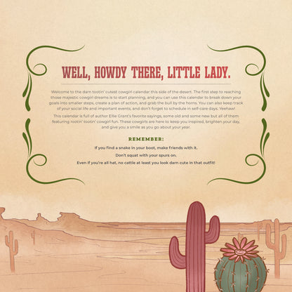 Cowgirl-themed calendar page with text and cactus illustrations on a beige background
