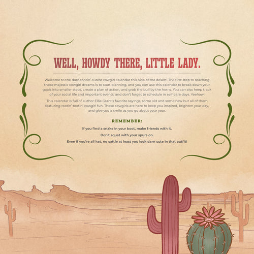Cowgirl-themed calendar page with text and cactus illustrations on a beige background