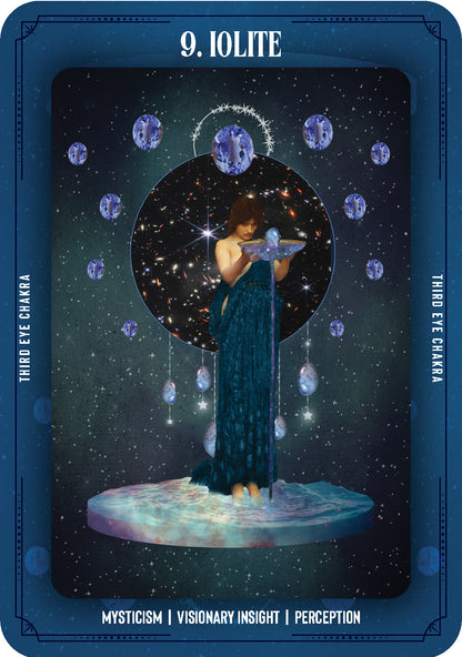 Tarot card featuring a woman holding a crystal ball with Iolite stones around her, set against a starry night sky.