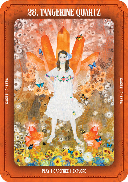Tarot card featuring a woman in a white dress surrounded by tangerine quartz crystals, flowers, and butterflies.