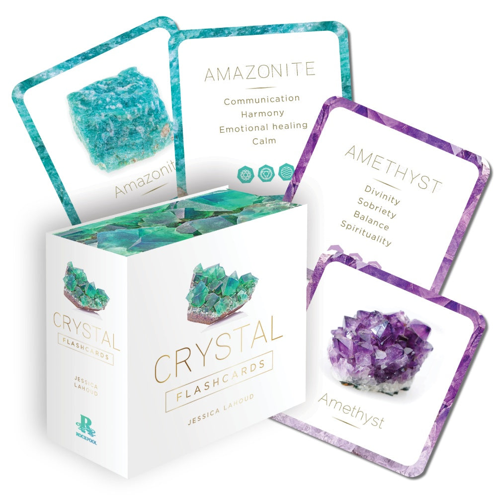 Crystal flashcards with Amazonite and Amethyst images and descriptions on a white background.
