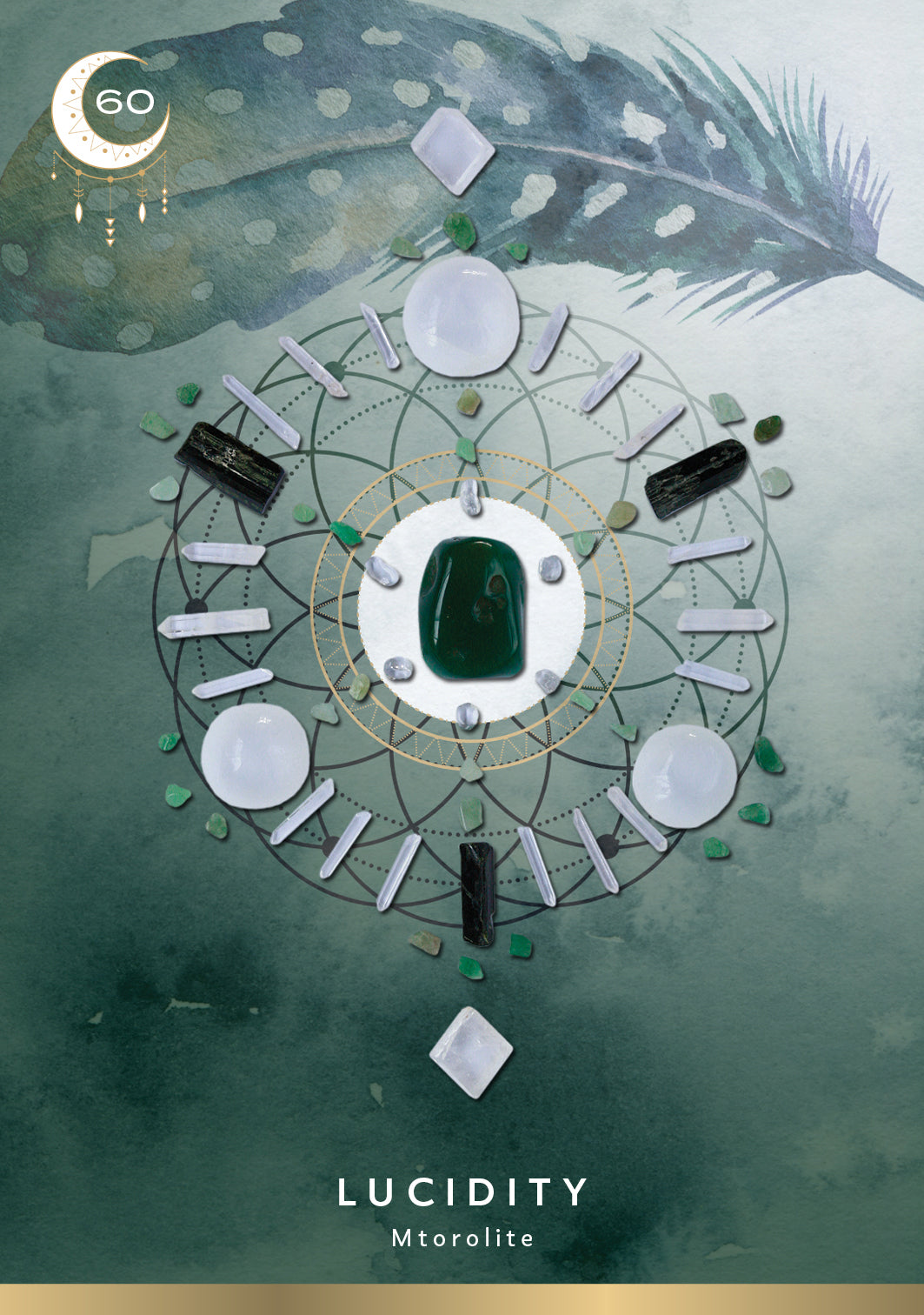 Mandala design with crystals and a feather on a green background, featuring the brand 'GO'.