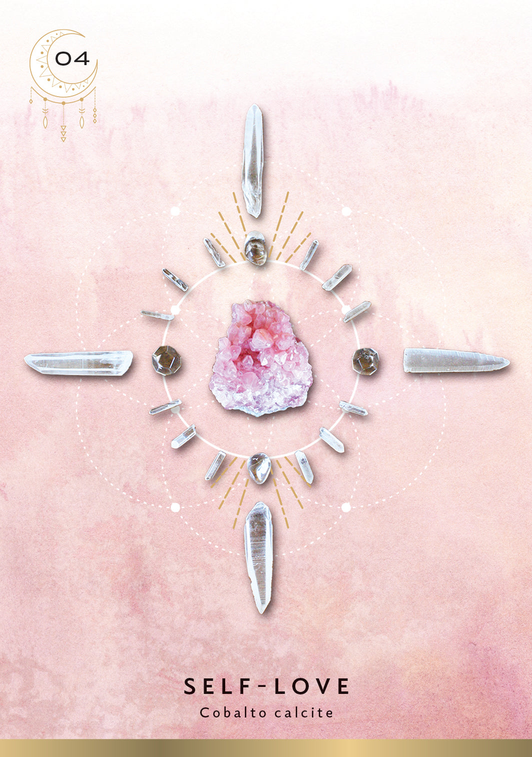 Decorative arrangement of crystals and gemstones on a pink background with 'Self-Love' text.