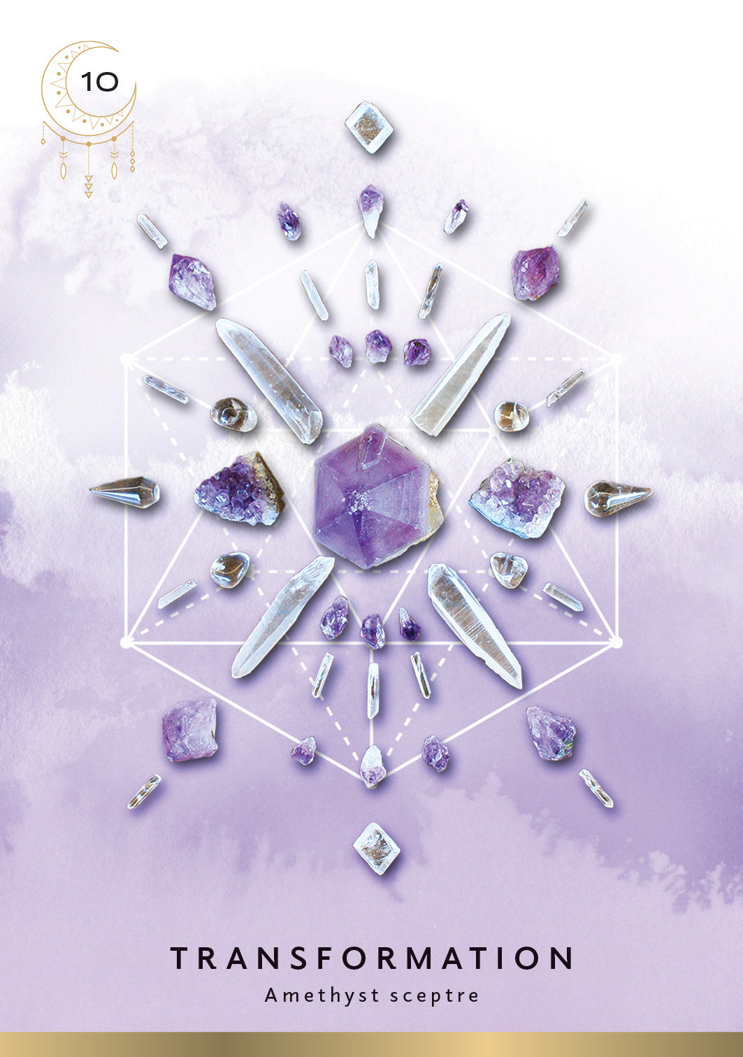 Crystal arrangement with amethysts on a purple watercolor background, labeled 'Transformation' and 'Amethyst sceptre'.