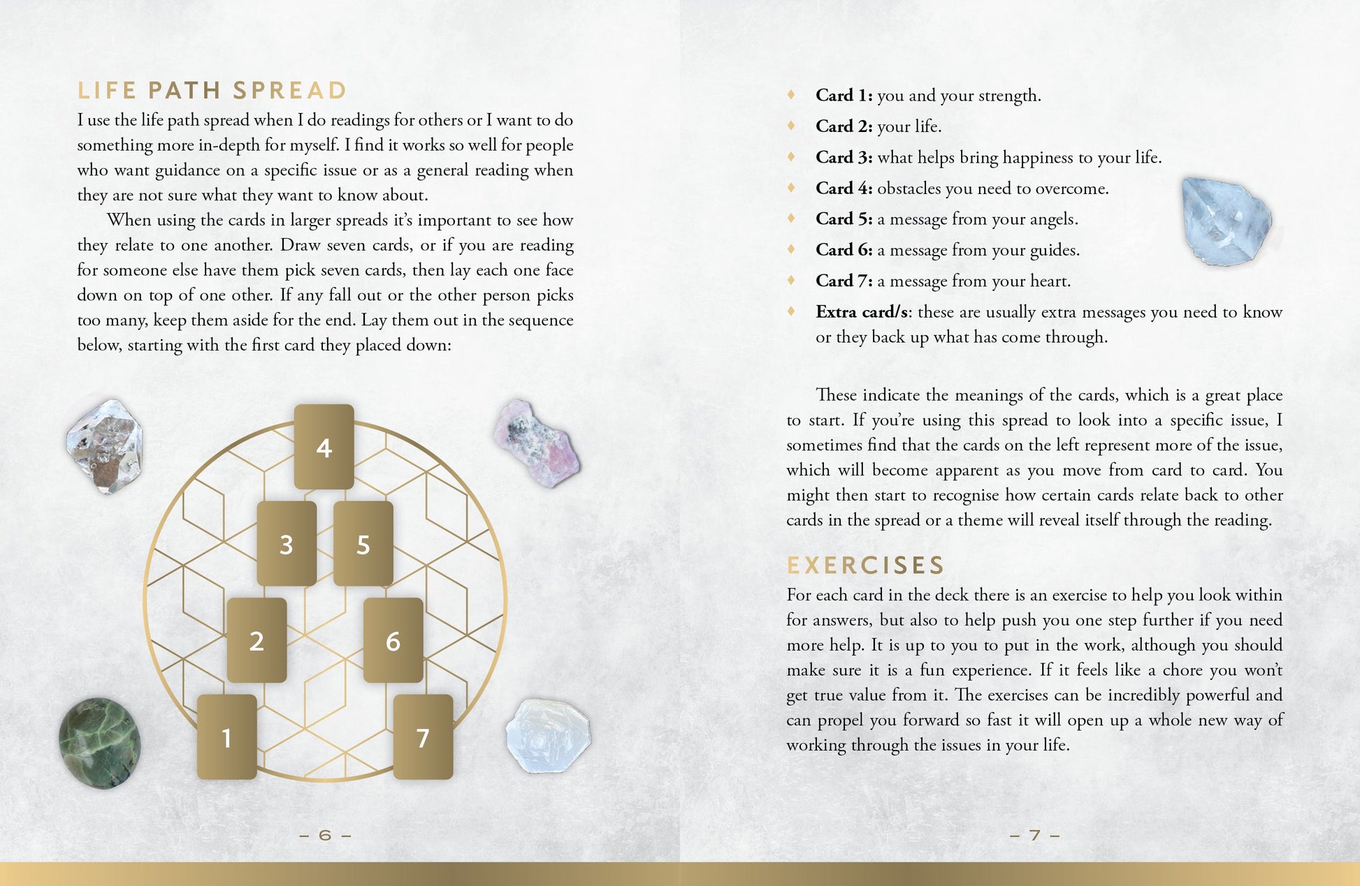 Page from a book or guide explaining a life path spread with cards and crystals.