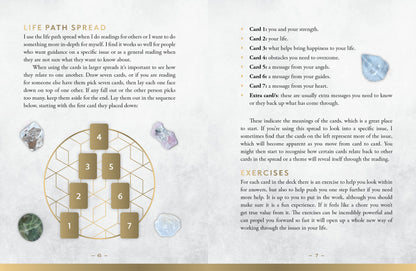 Page from a book or guide explaining a life path spread with cards and crystals.