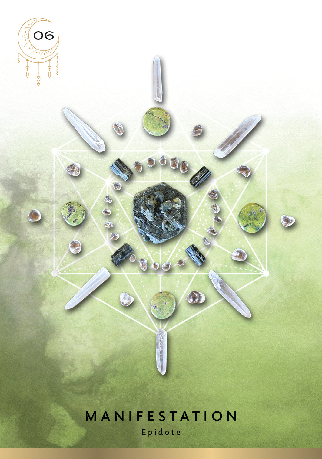Crystal grid with stones and pendulum on a green gradient background, featuring the word 'Manifestation'.