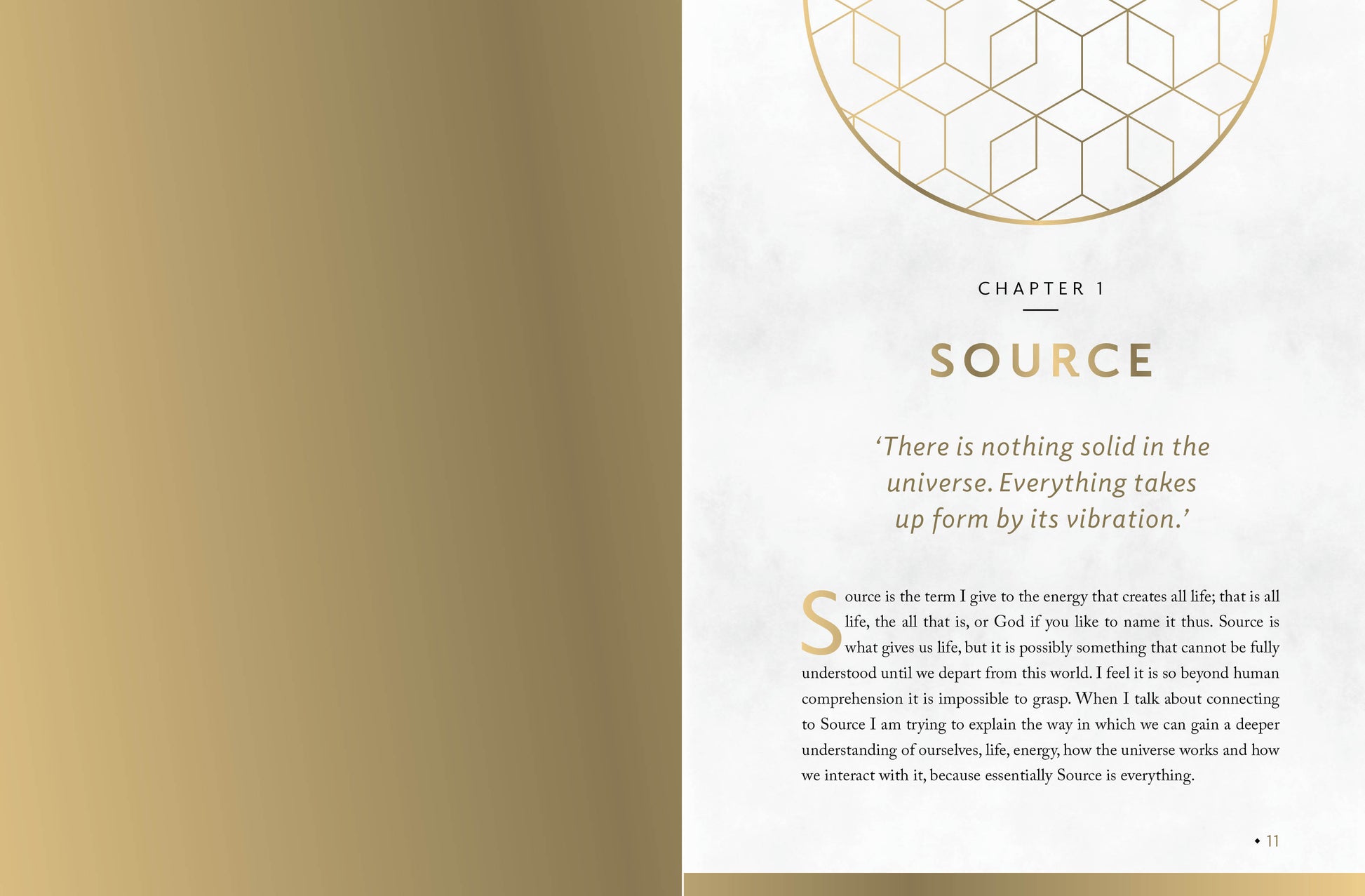 Book page with text and geometric design on a gold and white background