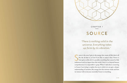 Book page with text and geometric design on a gold and white background