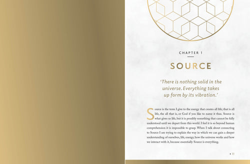 Book page with text and geometric design on a gold and white background
