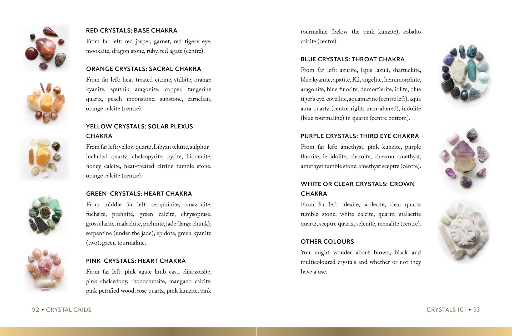 Page from a book or magazine featuring crystals and their chakra associations.