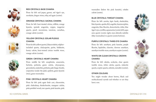 Page from a book or magazine featuring crystals and their chakra associations.
