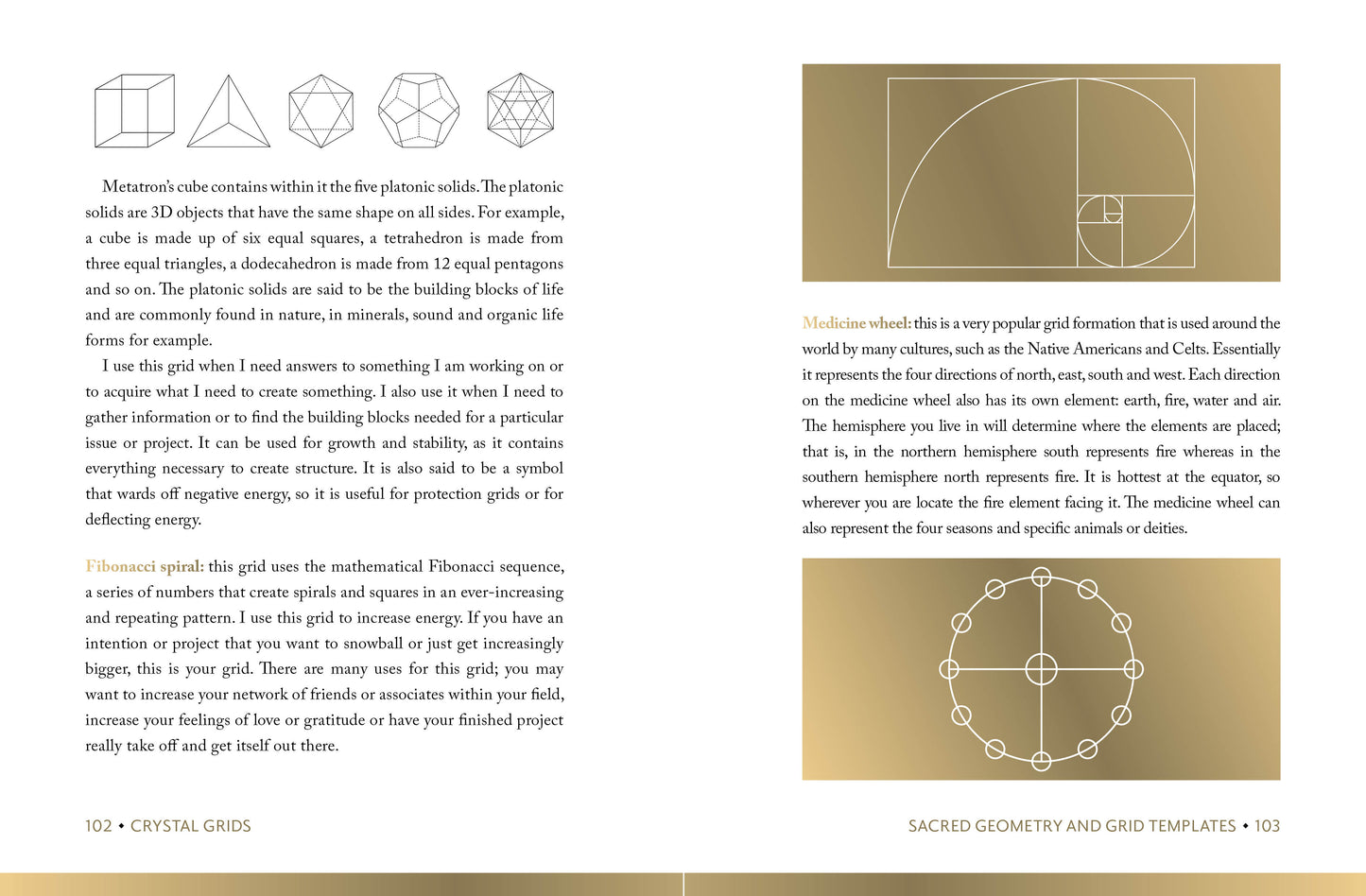 Page from a book about sacred geometry with text and illustrations on a gold background.