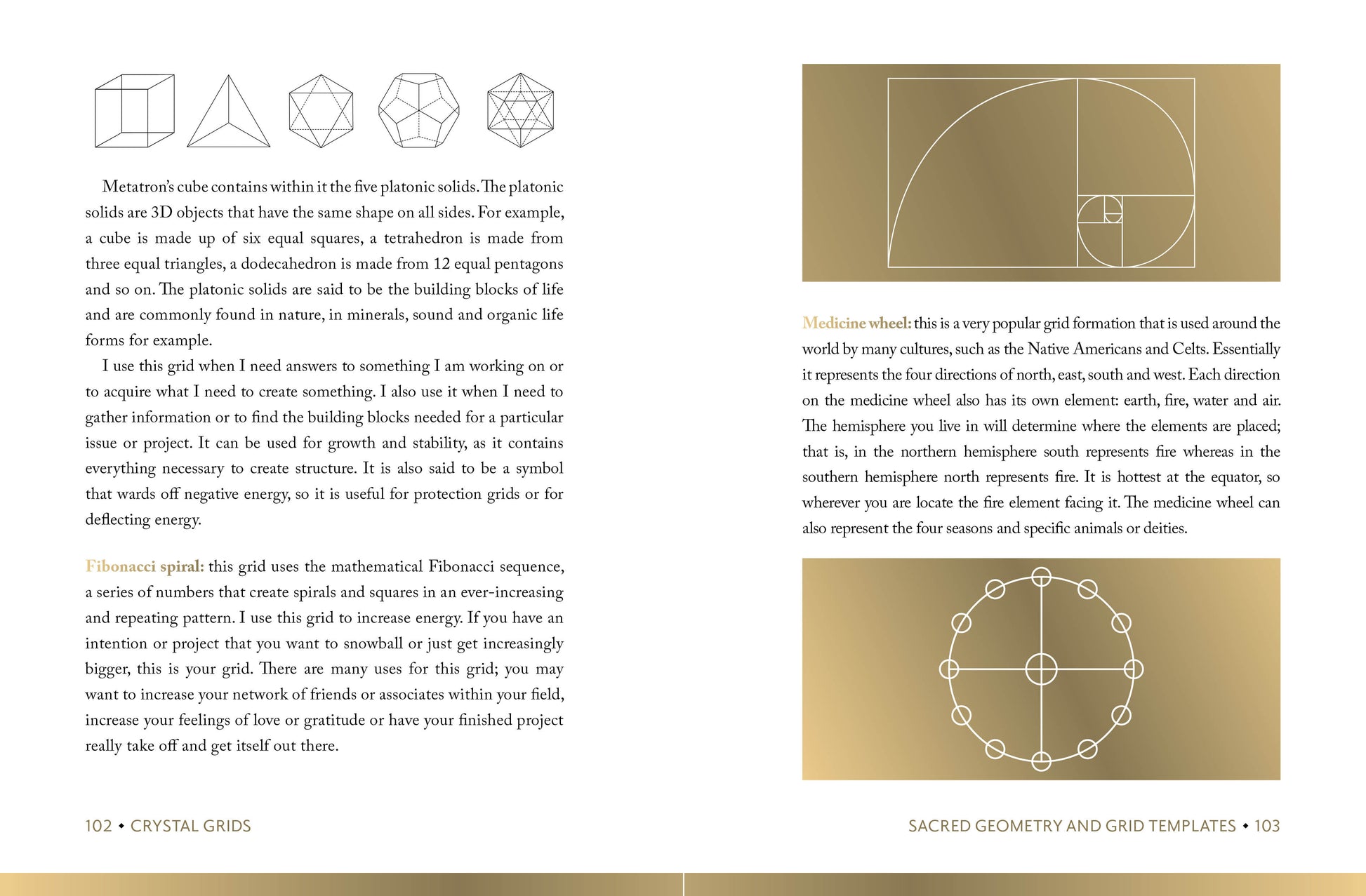 Page from a book about sacred geometry with text and illustrations on a gold background.