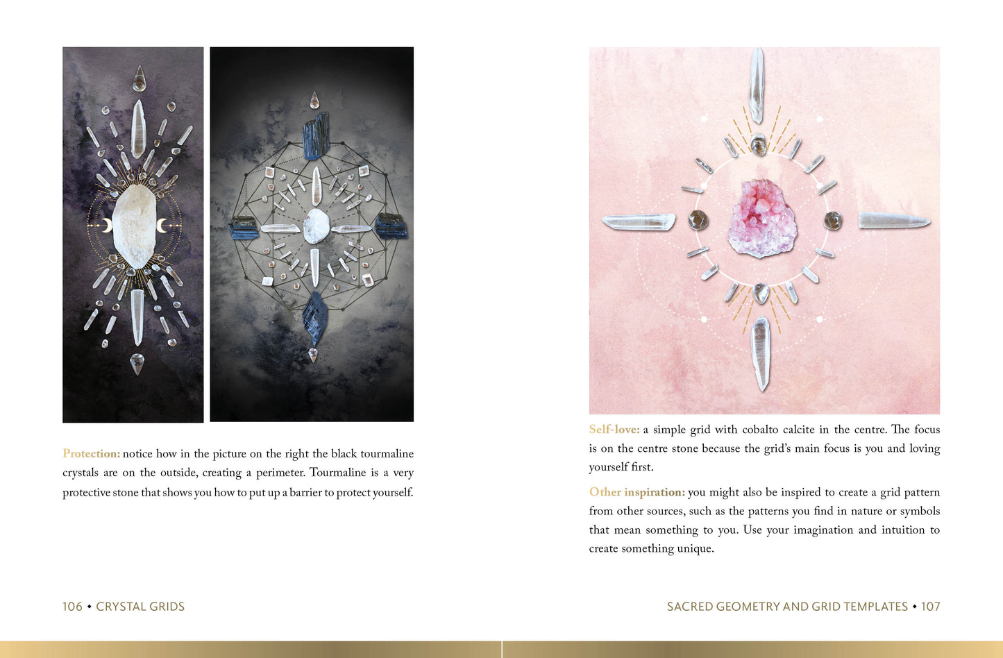 Page from a book or magazine featuring crystal grid designs with text descriptions.
