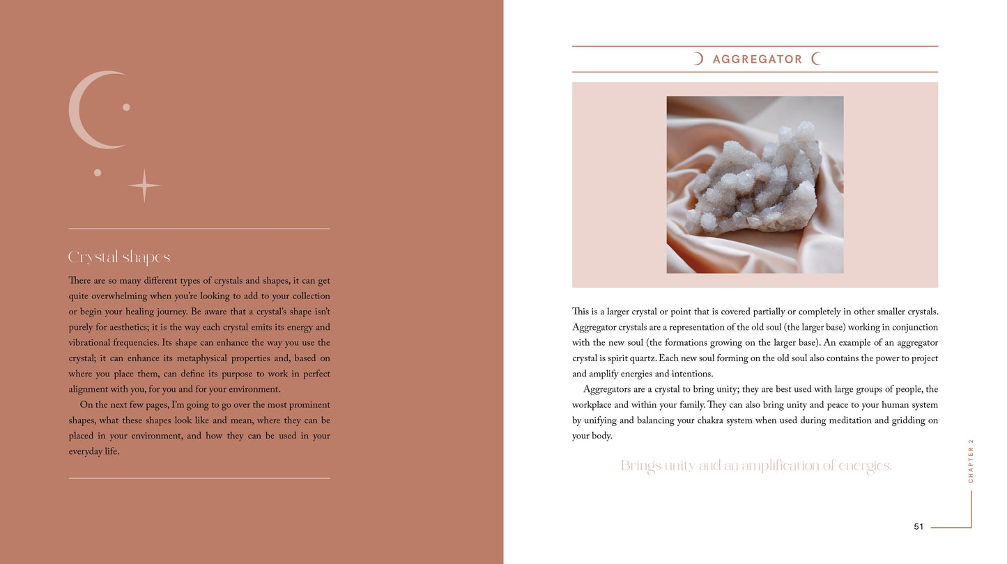 Book page with text and an image of crystals on a beige background