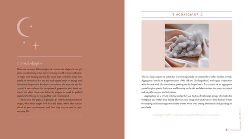Book page with text and an image of crystals on a beige background